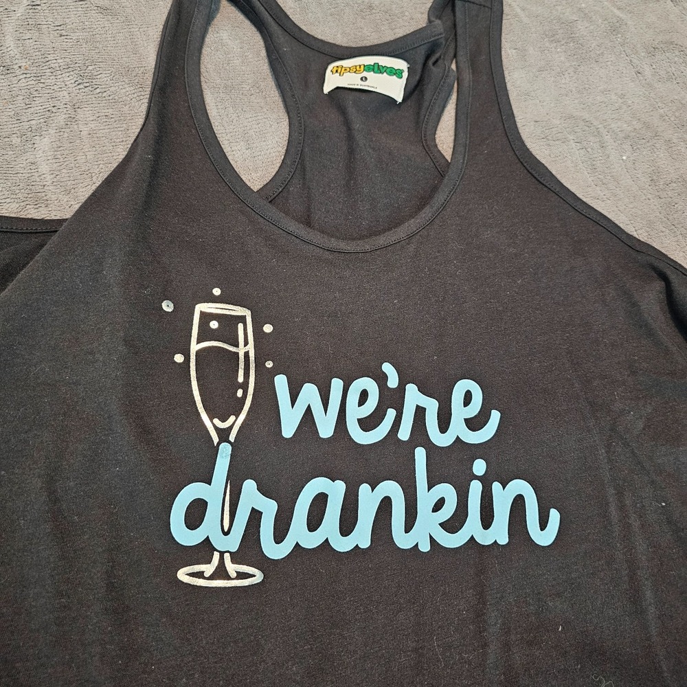 TIPSY ELVES "Were Drankin" Graphic Racerback Tank Top Large Black Fun Tee NWT